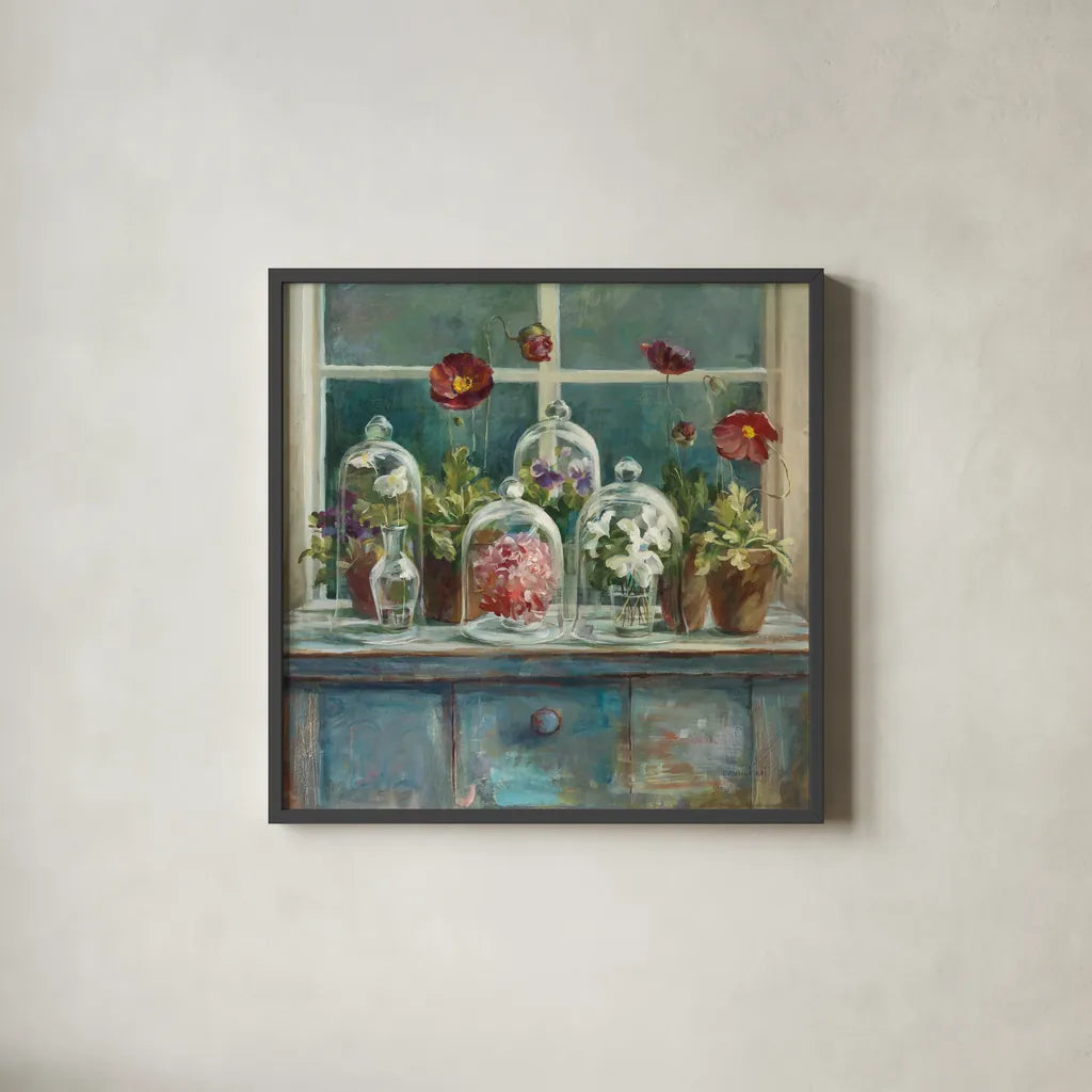 Fall Poppies Windowsill by Danhui Nai. Shown in a sleek black glass frame for a contemporary gallery look. Available as an archival giclee rolled canvas, fine art paper, or poster print. SKU 44136a.