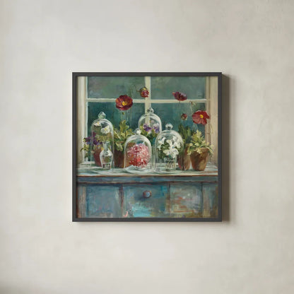 Fall Poppies Windowsill by Danhui Nai. Shown in a sleek black glass frame for a contemporary gallery look. Available as an archival giclee rolled canvas, fine art paper, or poster print. SKU 44136a.