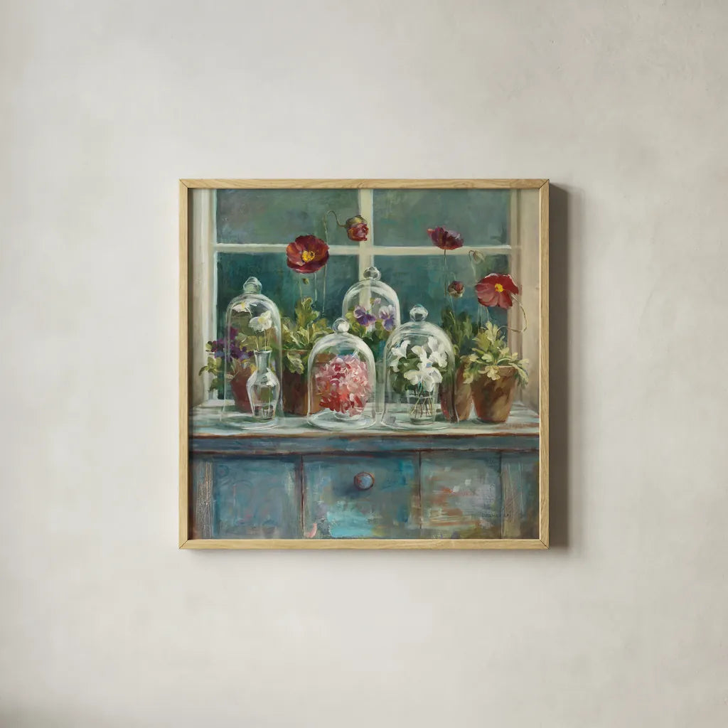 Fall Poppies Windowsill by Danhui Nai. Shown in a natural wood glass frame for a timeless modern aesthetic. Available as an archival giclee rolled canvas, fine art paper, or poster print. SKU 44136a.