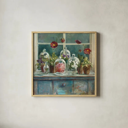 Fall Poppies Windowsill by Danhui Nai. Shown in a natural wood glass frame for a timeless modern aesthetic. Available as an archival giclee rolled canvas, fine art paper, or poster print. SKU 44136a.
