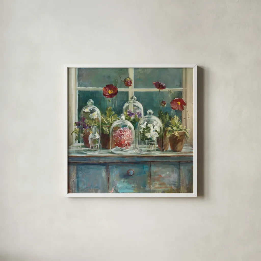 Fall Poppies Windowsill by Danhui Nai. Shown in a crisp white glass frame for a clean and minimalist style. Available as an archival giclee rolled canvas, fine art paper, or poster print. SKU 44136a.