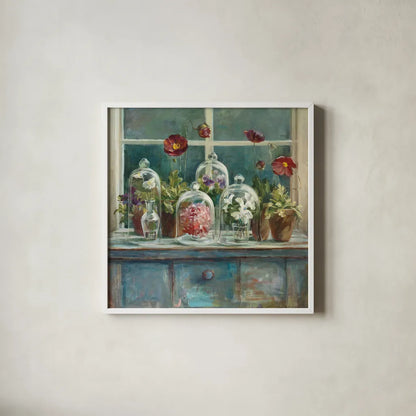 Fall Poppies Windowsill by Danhui Nai. Shown in a crisp white glass frame for a clean and minimalist style. Available as an archival giclee rolled canvas, fine art paper, or poster print. SKU 44136a.