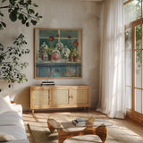 Fall Poppies Windowsill by Danhui Nai. Shown in a natural wood frame in a cozy modern living room. Available as an archival giclee rolled canvas, fine art paper, or poster print. SKU 44136a.