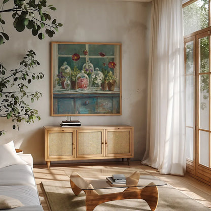 Fall Poppies Windowsill by Danhui Nai. Shown in a natural wood frame in a cozy modern living room. Available as an archival giclee rolled canvas, fine art paper, or poster print. SKU 44136a.