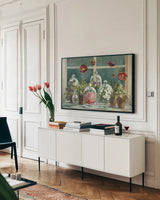 Fall Poppies Windowsill Crop by Danhui Nai. shown as a framed stretched canvas in a living room above a console. Available as a archival giclee rolled canvas, fine art paper, or poster print. SKU 44136i.