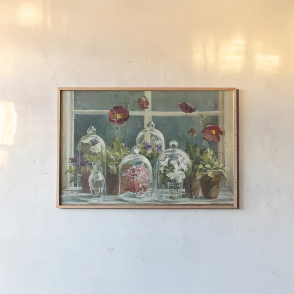 Fall Poppies Windowsill Crop by Danhui Nai. shown as a paper print in a natural frame. Available as a archival giclee rolled canvas, fine art paper, or poster print. SKU 44136i.