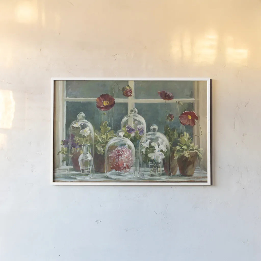 Fall Poppies Windowsill Crop by Danhui Nai. shown as a paper print in a white frame. Available as a archival giclee rolled canvas, fine art paper, or poster print. SKU 44136i.