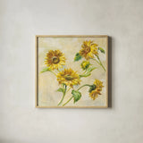 Farm Nostalgia Sunflowers by Danhui Nai. Shown in a natural wood glass frame for a timeless modern aesthetic. Available as an archival giclee rolled canvas, fine art paper, or poster print. SKU 22851a.