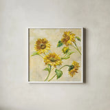 Farm Nostalgia Sunflowers by Danhui Nai. Shown in a crisp white glass frame for a clean and minimalist style. Available as an archival giclee rolled canvas, fine art paper, or poster print. SKU 22851a.