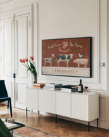 Farm Patchwork II by Danhui Nai. shown as a framed stretched canvas in a living room above a console. Available as a archival giclee rolled canvas, fine art paper, or poster print. SKU 42198i.