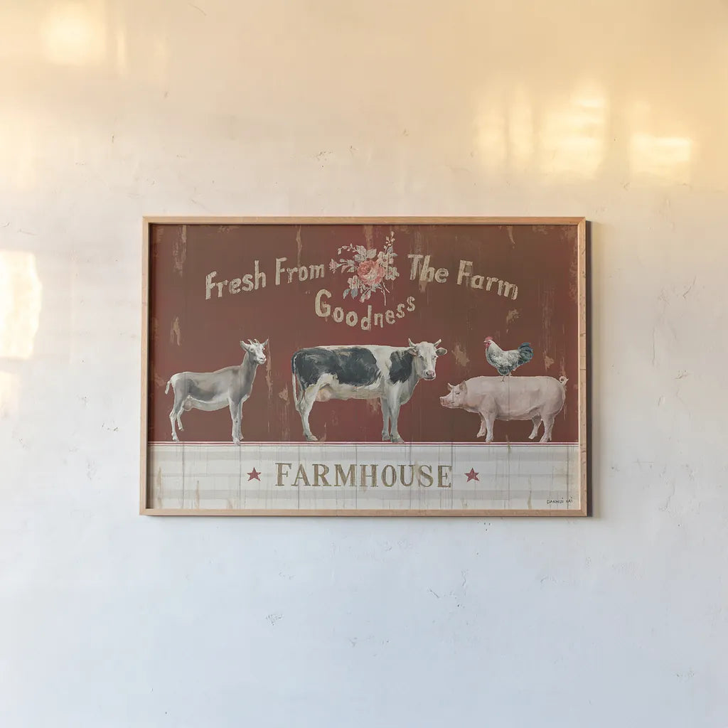 Farm Patchwork II by Danhui Nai. shown as a paper print in a natural frame. Available as a archival giclee rolled canvas, fine art paper, or poster print. SKU 42198i.