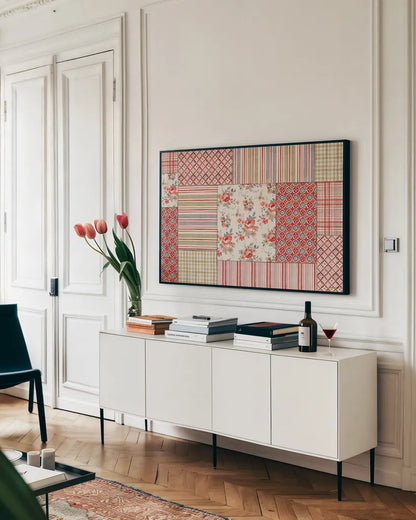 Farm Patchwork III by Danhui Nai. shown as a framed stretched canvas in a living room above a console. Available as a archival giclee rolled canvas, fine art paper, or poster print. SKU 42199i.