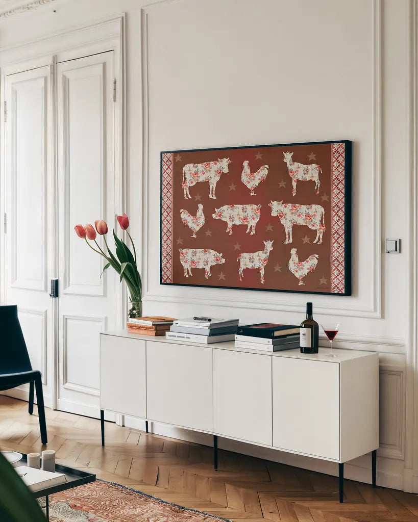 Farm Patchwork IV by Danhui Nai. shown as a framed stretched canvas in a living room above a console. Available as a archival giclee rolled canvas, fine art paper, or poster print. SKU 42200i.