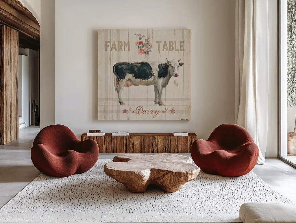 Farm Patchwork V by Danhui Nai. Shown as extra-large giant wall art in a modern living room. Available as an archival giclee rolled canvas, fine art paper, or poster print. SKU 42201a.