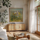 Farm and Field I by Danhui Nai. Shown in a natural wood frame in a cozy modern living room. Available as an archival giclee rolled canvas, fine art paper, or poster print. SKU 32081a.