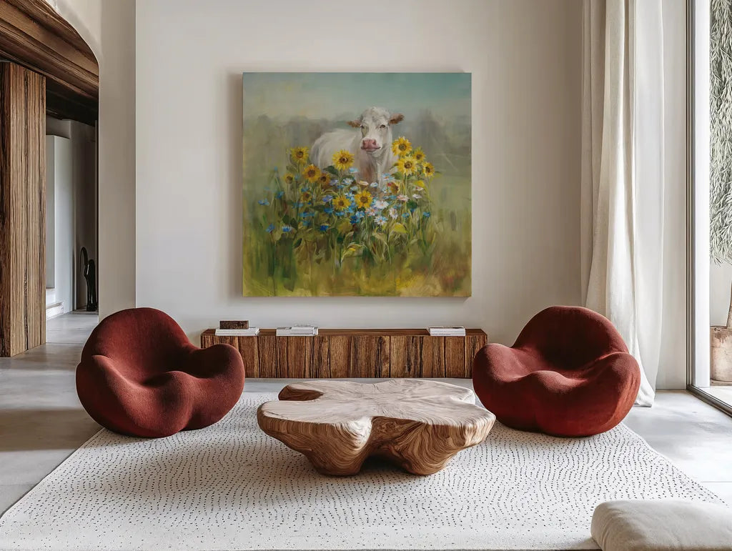 Farm and Field I by Danhui Nai. Shown as extra-large giant wall art in a modern living room. Available as an archival giclee rolled canvas, fine art paper, or poster print. SKU 32081a.