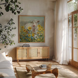 Farm and Field I v2 Crop by Danhui Nai. Shown in a natural wood frame in a cozy modern living room. Available as an archival giclee rolled canvas, fine art paper, or poster print. SKU 32590a.