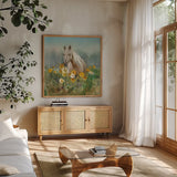 Farm and Field II by Danhui Nai. Shown in a natural wood frame in a cozy modern living room. Available as an archival giclee rolled canvas, fine art paper, or poster print. SKU 32082a.