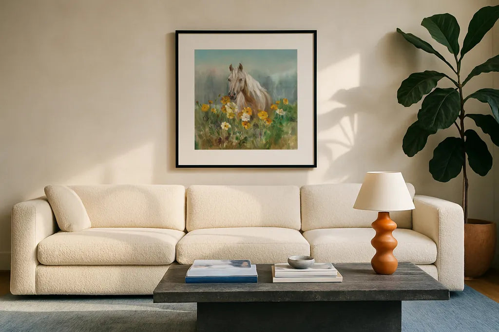 Farm and Field II by Danhui Nai. Displayed in a glass frame with matte in a clean modern living room. Available as an archival giclee rolled canvas, fine art paper, or poster print. SKU 32082a.