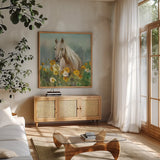 Farm and Field II Crop by Danhui Nai. Shown in a natural wood frame in a cozy modern living room. Available as an archival giclee rolled canvas, fine art paper, or poster print. SKU 32591a.