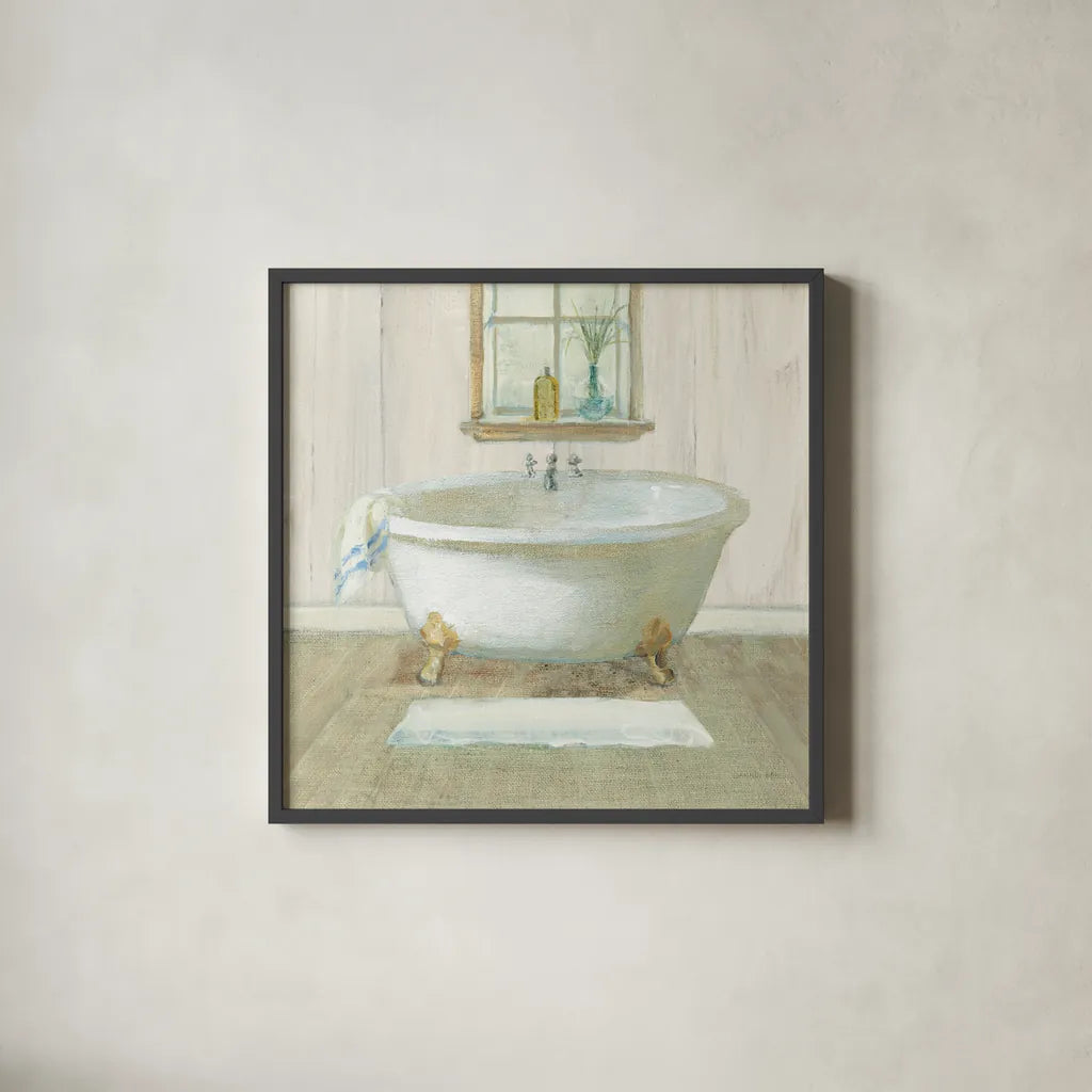 Farmhouse Bathtub by Danhui Nai. Shown in a sleek black glass frame for a contemporary gallery look. Available as an archival giclee rolled canvas, fine art paper, or poster print. SKU 66675a.