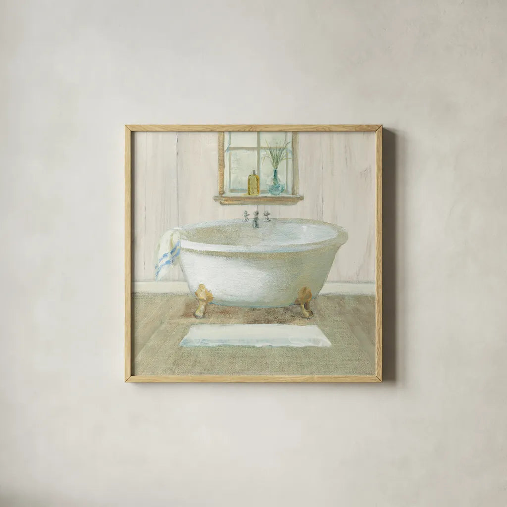 Farmhouse Bathtub by Danhui Nai. Shown in a natural wood glass frame for a timeless modern aesthetic. Available as an archival giclee rolled canvas, fine art paper, or poster print. SKU 66675a.