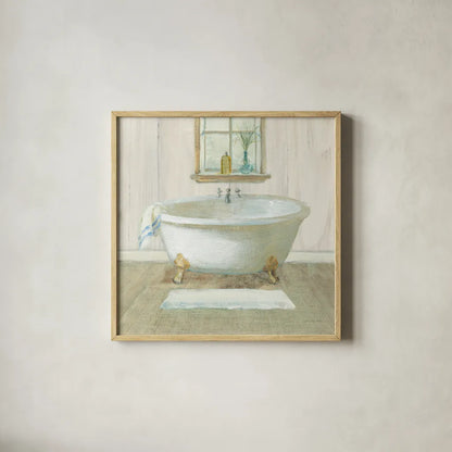 Farmhouse Bathtub by Danhui Nai. Shown in a natural wood glass frame for a timeless modern aesthetic. Available as an archival giclee rolled canvas, fine art paper, or poster print. SKU 66675a.
