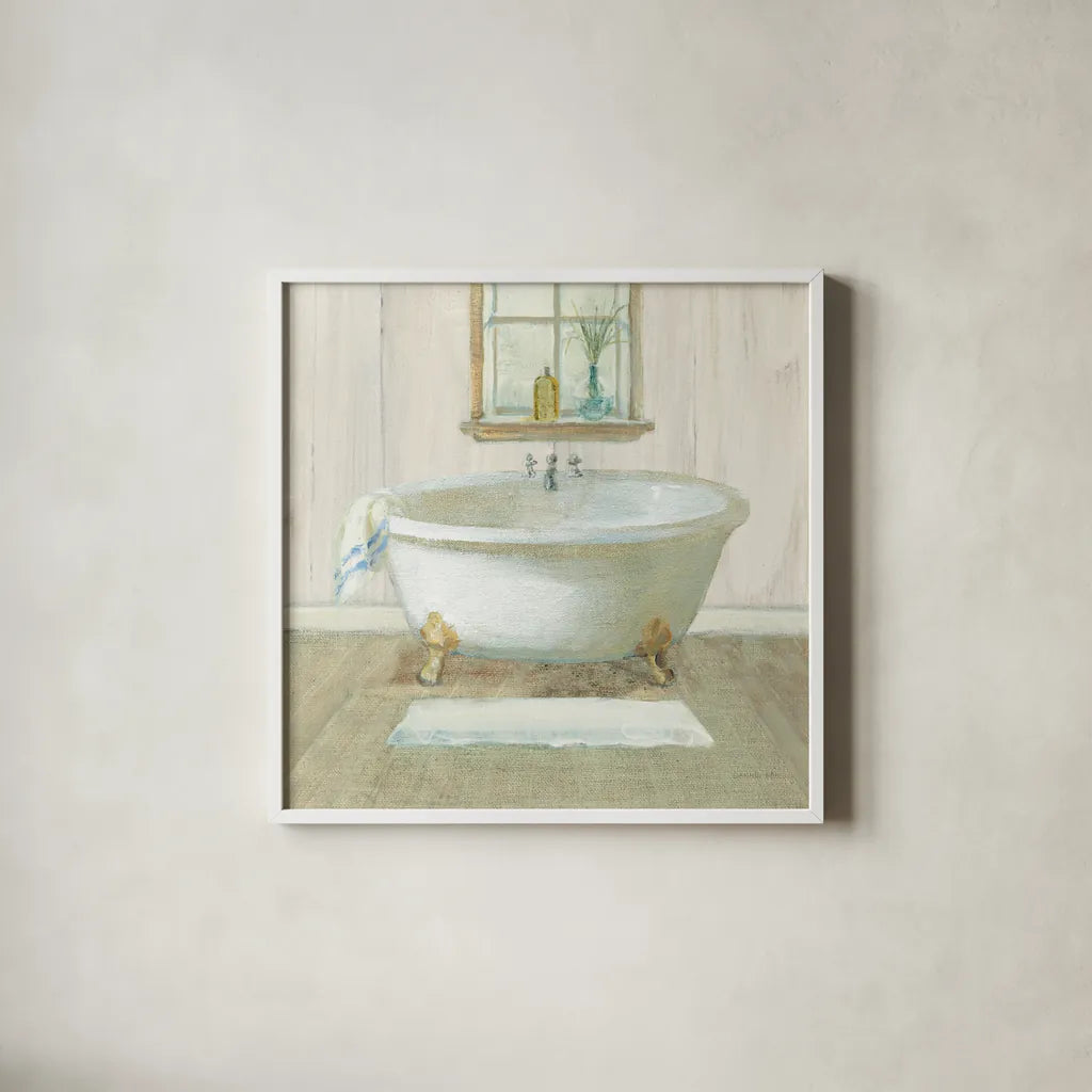 Farmhouse Bathtub by Danhui Nai. Shown in a crisp white glass frame for a clean and minimalist style. Available as an archival giclee rolled canvas, fine art paper, or poster print. SKU 66675a.