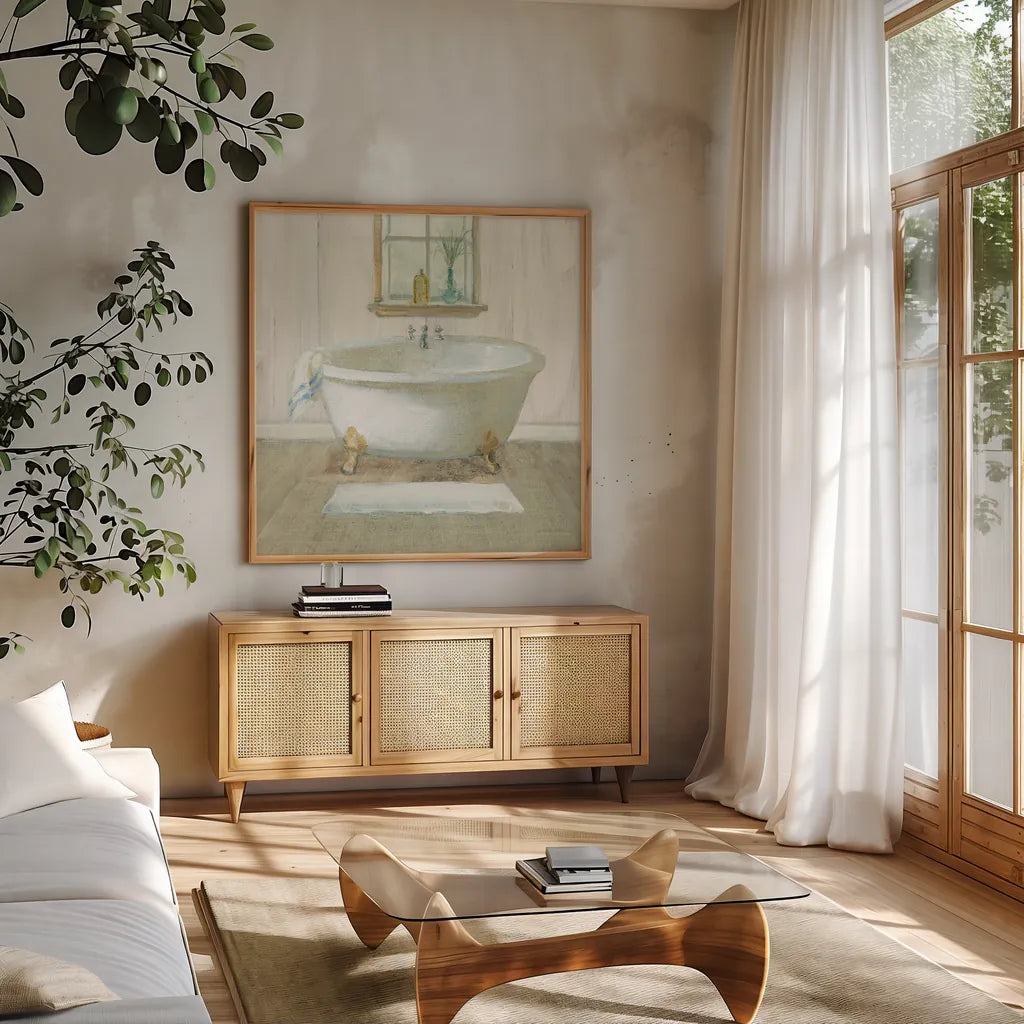 Farmhouse Bathtub by Danhui Nai. Shown in a natural wood frame in a cozy modern living room. Available as an archival giclee rolled canvas, fine art paper, or poster print. SKU 66675a.