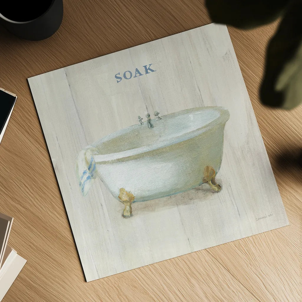 Farmhouse Bathtub Soak by Danhui Nai. Shown as a detailed flat fine art print, highlighting archival giclee quality. Available as an archival giclee rolled canvas, fine art paper, or poster print. SKU 66677a.