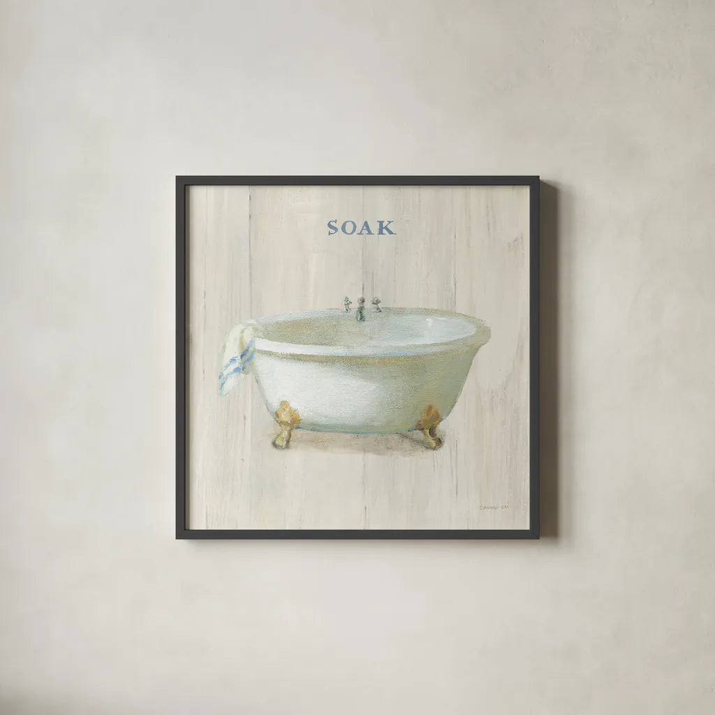 Farmhouse Bathtub Soak by Danhui Nai. Shown in a sleek black glass frame for a contemporary gallery look. Available as an archival giclee rolled canvas, fine art paper, or poster print. SKU 66677a.