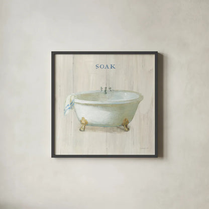 Farmhouse Bathtub Soak by Danhui Nai. Shown in a sleek black glass frame for a contemporary gallery look. Available as an archival giclee rolled canvas, fine art paper, or poster print. SKU 66677a.