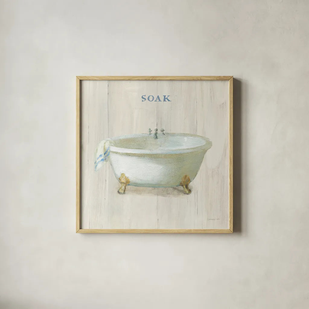 Farmhouse Bathtub Soak by Danhui Nai. Shown in a natural wood glass frame for a timeless modern aesthetic. Available as an archival giclee rolled canvas, fine art paper, or poster print. SKU 66677a.
