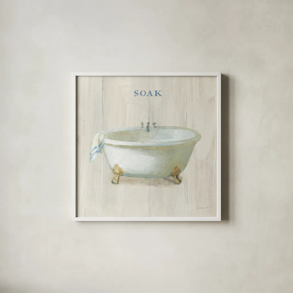 Farmhouse Bathtub Soak by Danhui Nai. Shown in a crisp white glass frame for a clean and minimalist style. Available as an archival giclee rolled canvas, fine art paper, or poster print. SKU 66677a.