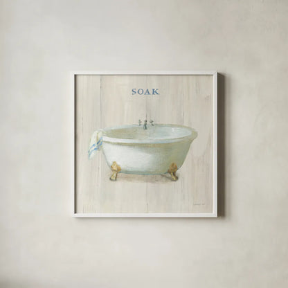 Farmhouse Bathtub Soak by Danhui Nai. Shown in a crisp white glass frame for a clean and minimalist style. Available as an archival giclee rolled canvas, fine art paper, or poster print. SKU 66677a.