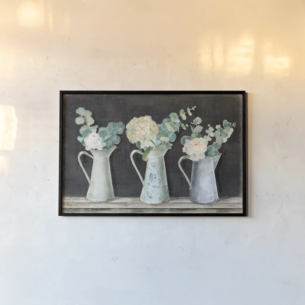 Farmhouse Bouquets by Danhui Nai. shown as a paper print in a black flame. Available as a archival giclee rolled canvas, fine art paper, or poster print. SKU 70519i.