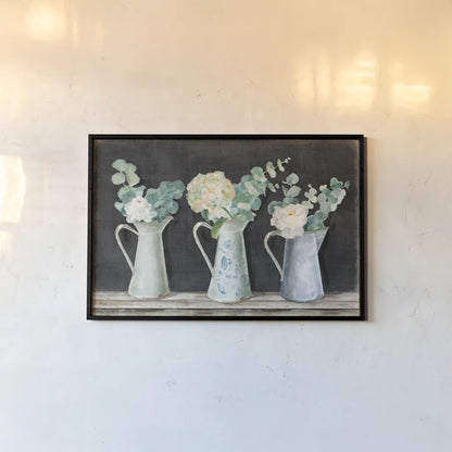 Farmhouse Bouquets by Danhui Nai. shown as a paper print in a black flame. Available as a archival giclee rolled canvas, fine art paper, or poster print. SKU 70519i.