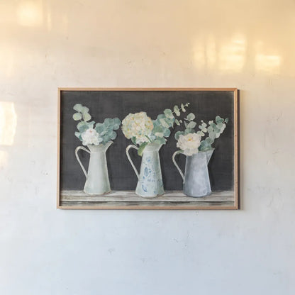Farmhouse Bouquets by Danhui Nai. shown as a paper print in a natural frame. Available as a archival giclee rolled canvas, fine art paper, or poster print. SKU 70519i.