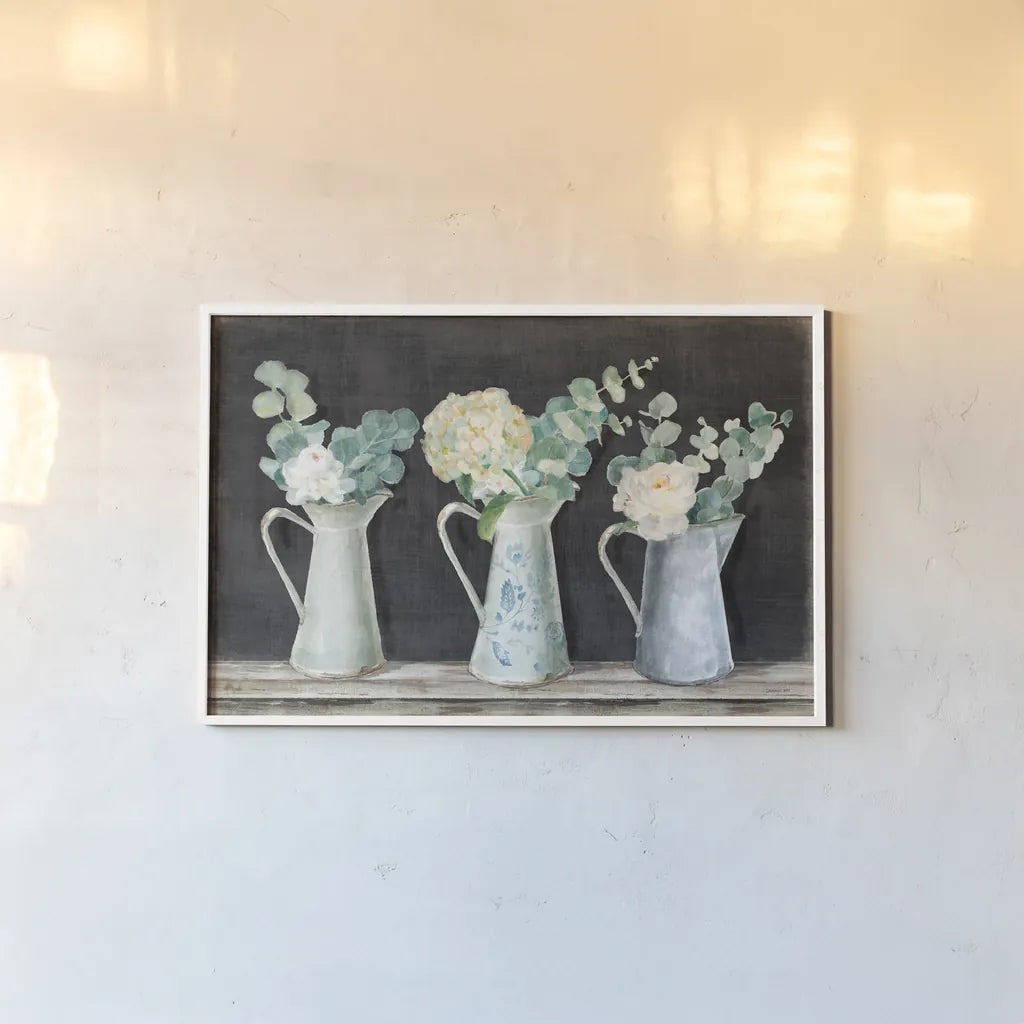 Farmhouse Bouquets by Danhui Nai. shown as a paper print in a white frame. Available as a archival giclee rolled canvas, fine art paper, or poster print. SKU 70519i.