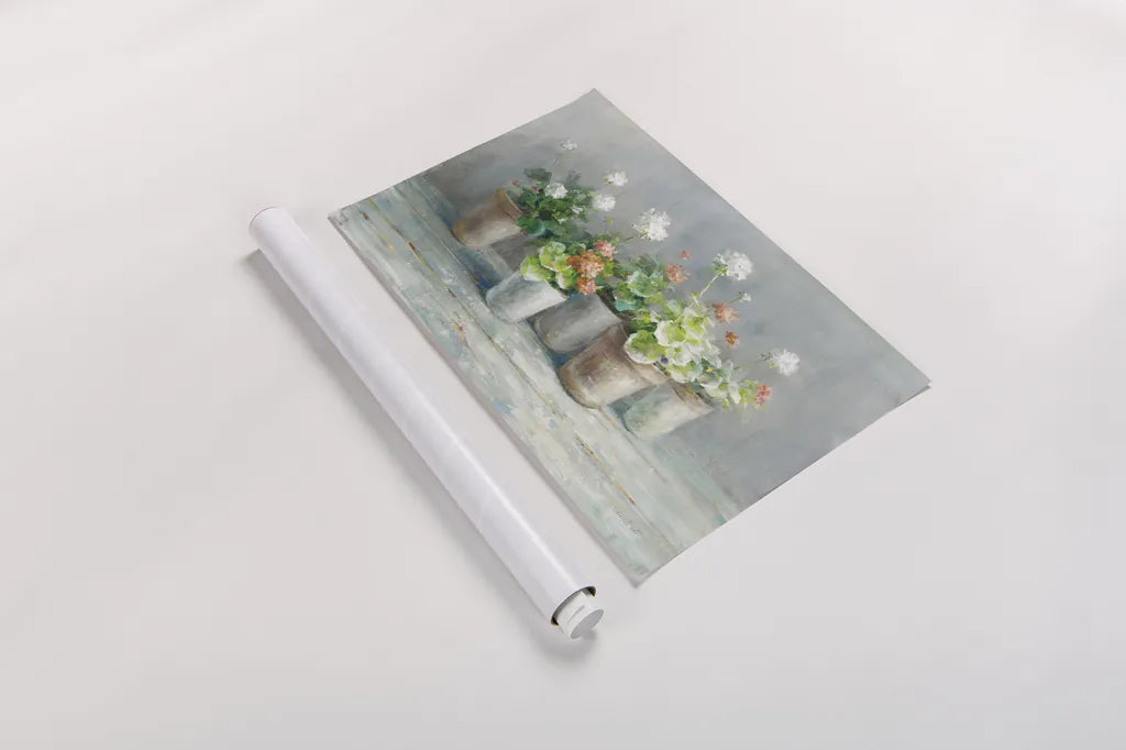 Farmhouse Geraniums by Danhui Nai. shown as a rolled paper print. Available as archival giclee rolled canvas, fine art paper, or poster print. SKU 61292i.