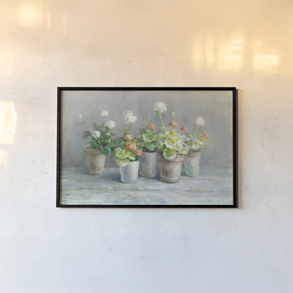 Farmhouse Geraniums by Danhui Nai. shown as a paper print in a black flame. Available as a archival giclee rolled canvas, fine art paper, or poster print. SKU 61292i.