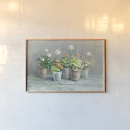 Farmhouse Geraniums by Danhui Nai. shown as a paper print in a natural frame. Available as a archival giclee rolled canvas, fine art paper, or poster print. SKU 61292i.