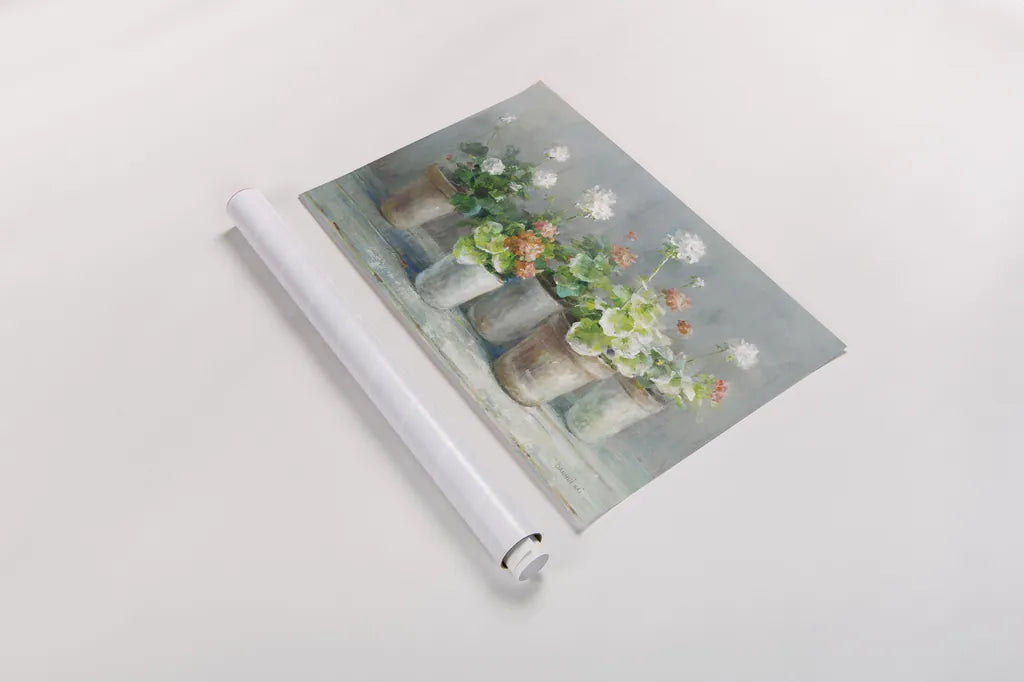 Farmhouse Geraniums Crop by Danhui Nai. shown as a rolled paper print. Available as archival giclee rolled canvas, fine art paper, or poster print. SKU 62234i.