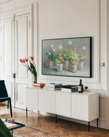 Farmhouse Geraniums Crop by Danhui Nai. shown as a framed stretched canvas in a living room above a console. Available as a archival giclee rolled canvas, fine art paper, or poster print. SKU 62234i.