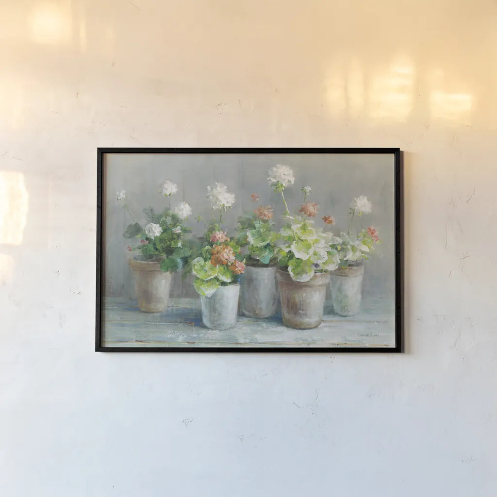 Farmhouse Geraniums Crop by Danhui Nai. shown as a paper print in a black flame. Available as a archival giclee rolled canvas, fine art paper, or poster print. SKU 62234i.