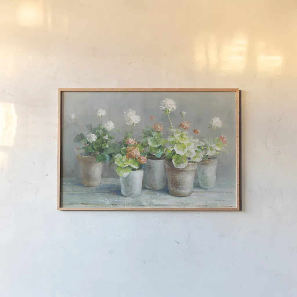 Farmhouse Geraniums Crop by Danhui Nai. shown as a paper print in a natural frame. Available as a archival giclee rolled canvas, fine art paper, or poster print. SKU 62234i.