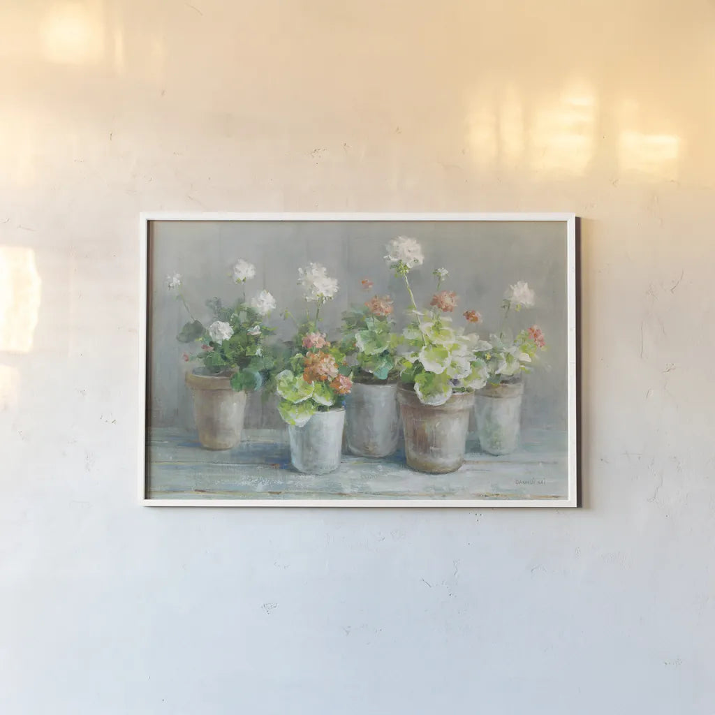 Farmhouse Geraniums Crop by Danhui Nai. shown as a paper print in a white frame. Available as a archival giclee rolled canvas, fine art paper, or poster print. SKU 62234i.