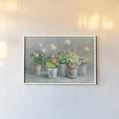 Farmhouse Geraniums Crop by Danhui Nai. shown as a paper print in a white frame. Available as a archival giclee rolled canvas, fine art paper, or poster print. SKU 62234i.