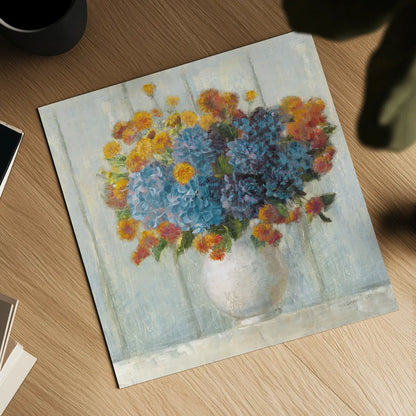 Farmhouse Hydrangeas by Danhui Nai. Shown as a detailed flat fine art print, highlighting archival giclee quality. Available as an archival giclee rolled canvas, fine art paper, or poster print. SKU 66482a.