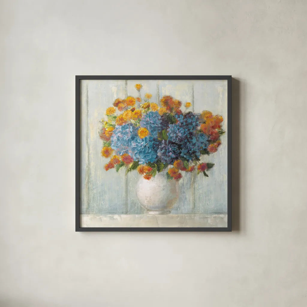 Farmhouse Hydrangeas by Danhui Nai. Shown in a sleek black glass frame for a contemporary gallery look. Available as an archival giclee rolled canvas, fine art paper, or poster print. SKU 66482a.